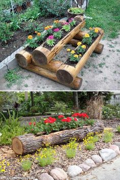 the garden is made out of logs and flowers