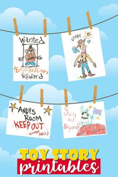 an advertisement for toystory printables featuring cartoon characters hanging on clothes pins in the sky