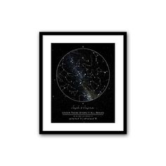 the night sky with stars and constellations in black framed paper on a white wall