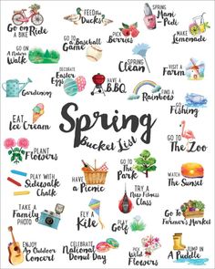 the words spring are written in black ink on a white background with an image of various items