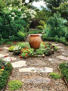 an outdoor garden with lots of plants and flowers in the center, surrounded by stones