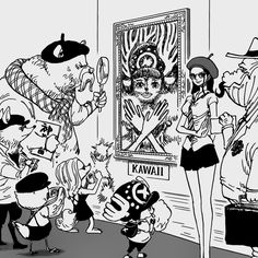 a black and white drawing of people in an art gallery with one woman dressed as a cat