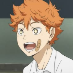 an anime character with orange hair and green eyes looking at the camera while wearing a white shirt