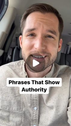 a man in a car with the words phrases that show authority on his face and mouth