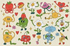 an assortment of cartoon fruits and vegetables with hearts, flowers, stars, and faces