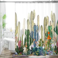 the bathroom is decorated with cactus plants and flowers on the shower curtain, along with a white bathtub