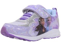 a purple and white sneaker with an image of princess on the side, in glitter