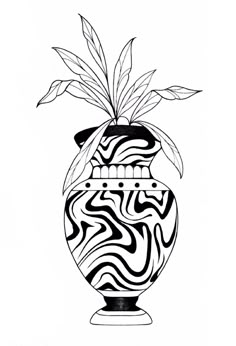 a black and white drawing of a vase with a plant in the top, on a white background