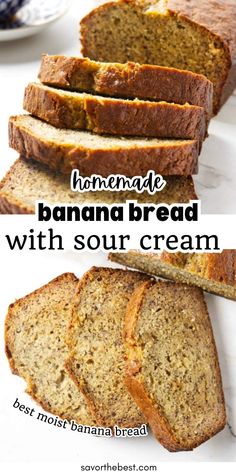 homemade banana bread with sour cream is cut into slices and stacked on top of each other