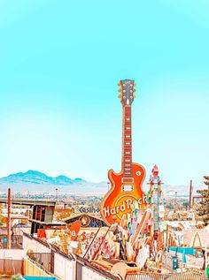 an electric guitar on top of a building