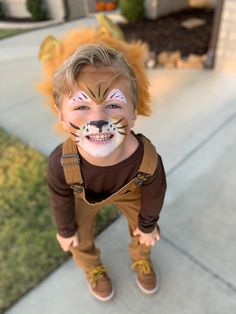 a little boy with his face painted like a tiger on the sidewalk in front of a house