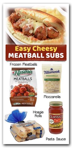 meatball subs and pasta sauce are featured in this advertisement