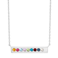 A colorful name bar that features 9 custom birthstones on the front and an engraving on the back. Coordinates Jewelry, Family Tree Necklace, Silver Bar Necklace, Monogram Jewelry, Silver Bar, Gift Kit, Cz Stud Earrings, Engraved Jewelry, Silver Bars