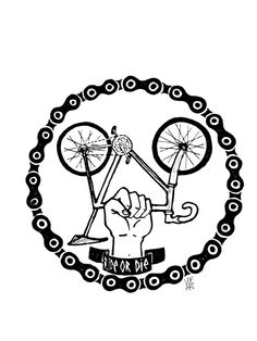 a black and white drawing of a hand holding a bicycle chain with the words ride or die on it