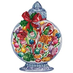 a drawing of a glass jar filled with candy canes and candies