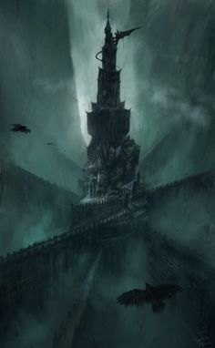 an artistic painting of a castle in the middle of a foggy sky with bats flying around it