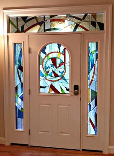 Geometric Clears-Stained Glass Set of Windows(W-262) Stained Glass Doors Entrance, Custom Wood Frames, Stained Glass Door, Panels Wall, Central City, Windows Exterior, Door Ideas, Wooden Crates, Stained Glass Patterns