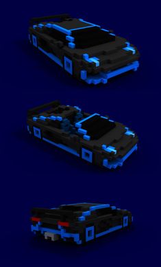 three different views of the back end of a cell phone with blue lights on it