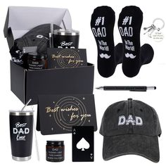 the father's day gift box includes socks, mugs, and other items