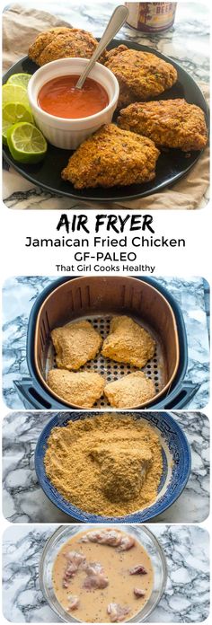 an air fryer filled with fried chicken next to a bowl of dipping sauce and another photo