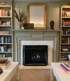 a living room filled with furniture and a fire place in front of a bookshelf