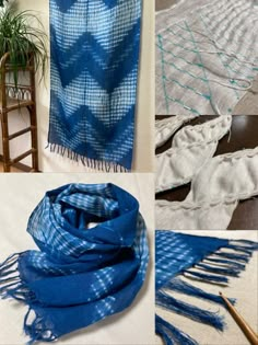 four pictures of different types of blue and white scarves with fringes on them