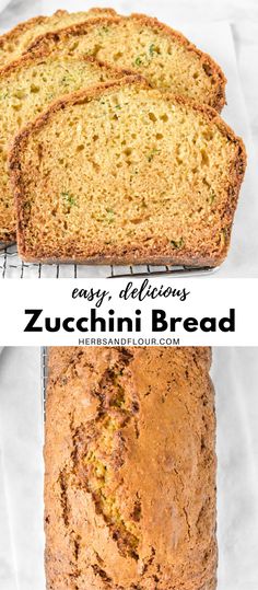 zucchini bread on a cooling rack with text overlay