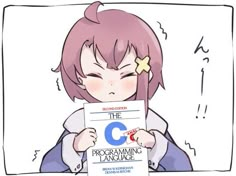 an anime character holding up a paper with the letter c in front of her face