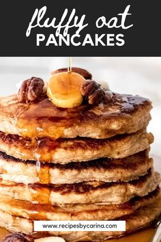 pancakes stacked on top of each other with syrup drizzled over them