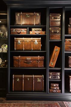 the shelves are filled with many different types of suitcases