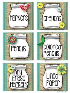 four mason jar labels with the words, crayons and colored pencils on them