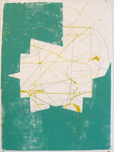 an abstract painting with yellow and green lines