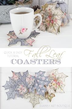 an image of coffee cup coasters made out of paper and decorated with holly leaves