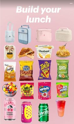 an advertisement for lunch is shown with various foods and drinks in it, including cereals