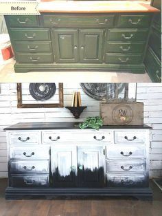 an old dresser has been painted black and white to give it a fresh new look