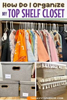 I got so tired of looking at my messy top shelf of my closet, so I came up with this awesome closet storage idea!  See how I organize my closet top shelf with these awesome storage baskets and free printable organization labels that fit the bins perfectly! Top Shelf Closet Organization, Closet Top Shelf, Organize My Closet, Bins For Organizing, Printable Organization, Organization Labels