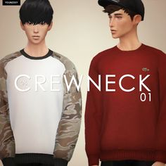 two young men wearing sweaters with the words crew neck 01 on them in white and red