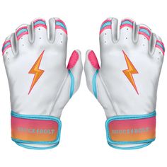 two white gloves with pink and blue trims, one has an orange lightning on it