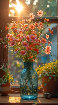 a vase filled with lots of pink flowers sitting on top of a window sill