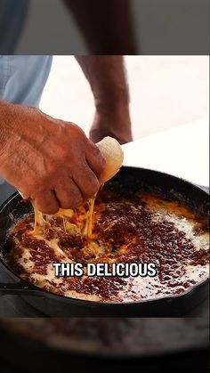 a man is cooking food in a skillet with words that read, this delicious