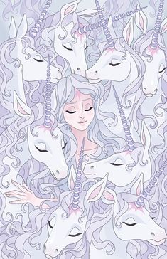 a woman with long hair surrounded by unicorns in purple and white colors, looking down at her face