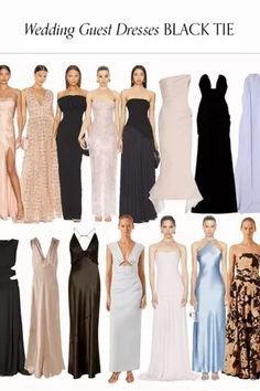 many different types of dresses on display with the words wedding guest dresses black and white