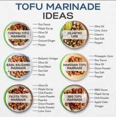 the different types of tofu marinade are shown in this poster, which includes instructions on how to make them