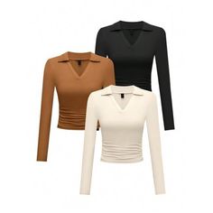 -Item Id 27665902 -Details: Ruched -Sleeve Type: Regular Sleeve -Style: Casual -Color: Multicolor -Pattern Type: Plain -Neckline: Collar -Sleeve Length: Long Sleeve -Length: Regular -Fit Type: Slim Fit -Fabric: Medium Stretch -Material: Rib Knit -Composition: 95% Polyester, 5% Elastane -Care Instructions: Machine Wash Or Professional Dry Clean -Sheer: No **Open To Offers!!!** **Bundle To Save More** **30% Off Bundles Of 2 Or More Items!!** ***Orders Go Out Within 5-10 Business Days!! Thank You F Tight Shirts For Women, Types Of Tops For Women, Style For School, Casual Street Fashion, College Wardrobe, Beige Shirt, Ruched Sleeve, Tan Top, Boutique Tops