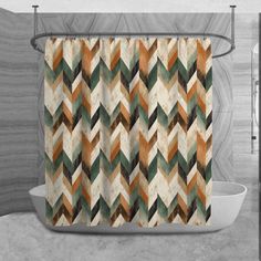 a bathroom with a shower curtain that has an abstract pattern on it, and a white tub