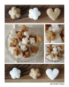 there are several pictures of marshmallows in the shape of hearts and clouds