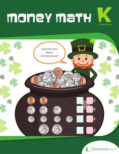 a book cover with a lepreite pot full of coins and the words money math k