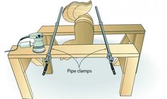 a wooden table with two pipe clamps attached to it and an electric tool on top