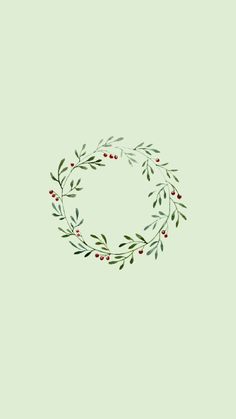 a wreath with berries and green leaves on a light green background, hand drawn illustration