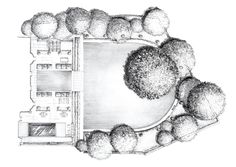 an aerial view of a house and trees